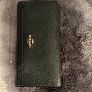 Coach Dark Green Pebbled Leather Clutch Trifold Wallet